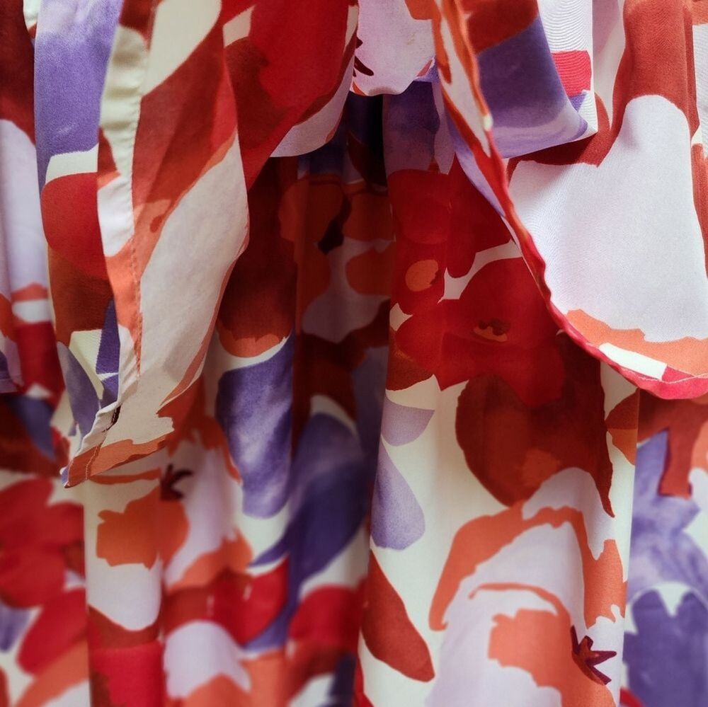 Entro  Red Purple Abstract Floral Halter Mini Layered Flared Dress Size L Beach - Picture 9 of 15